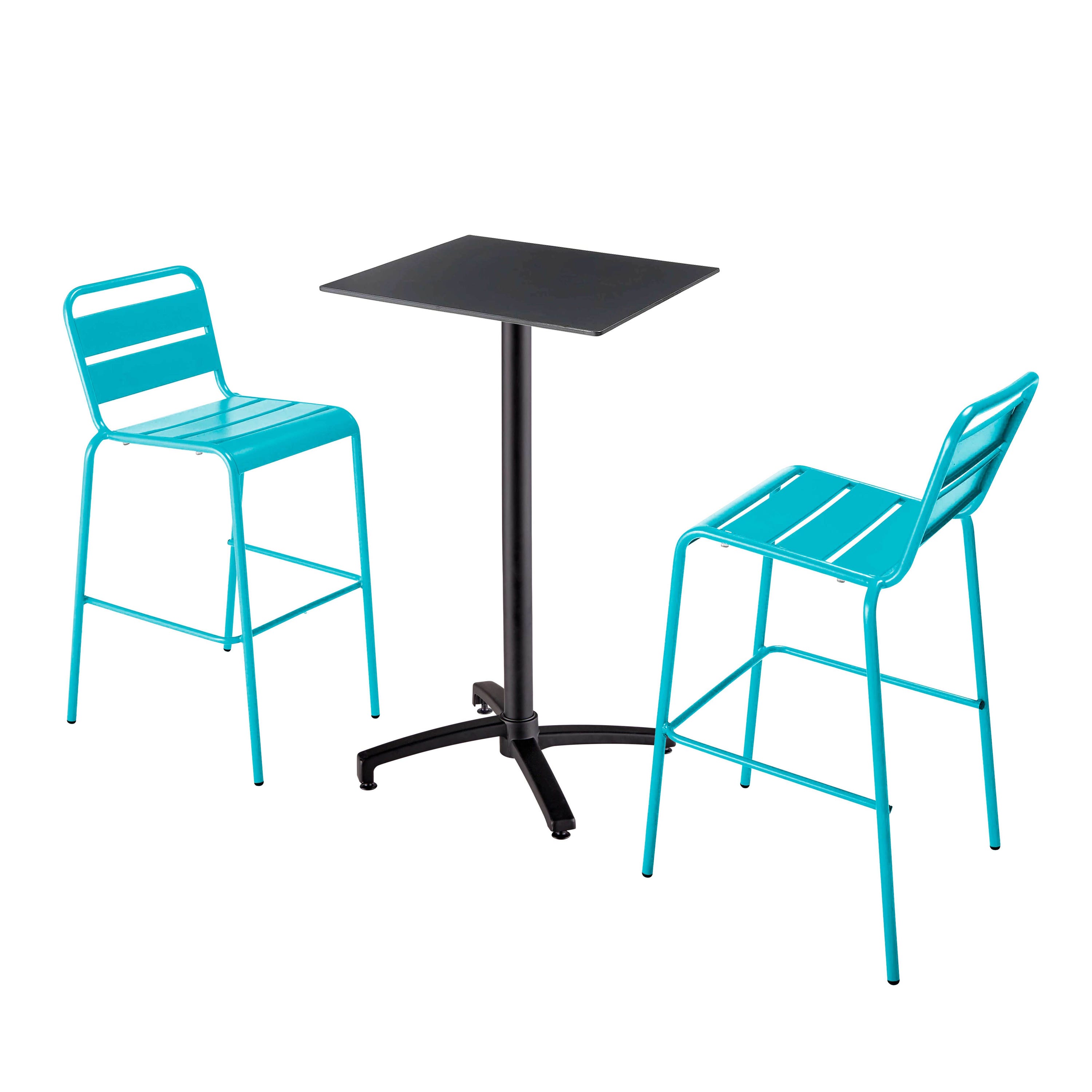 Tavolo alto da bar in laminato nero e 2 sedie alte blu