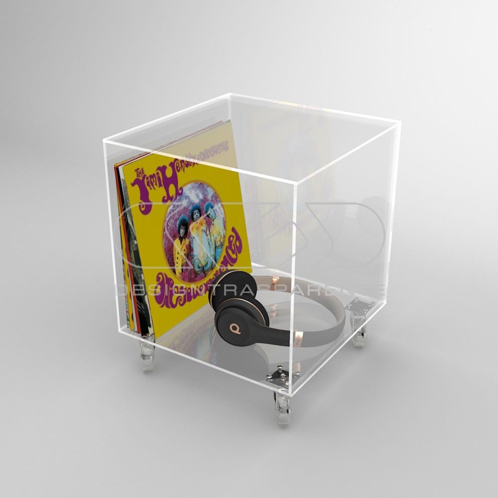 Cubo espositore cm 45x45x45 tavolino in plexiglass trasparente con ruote
