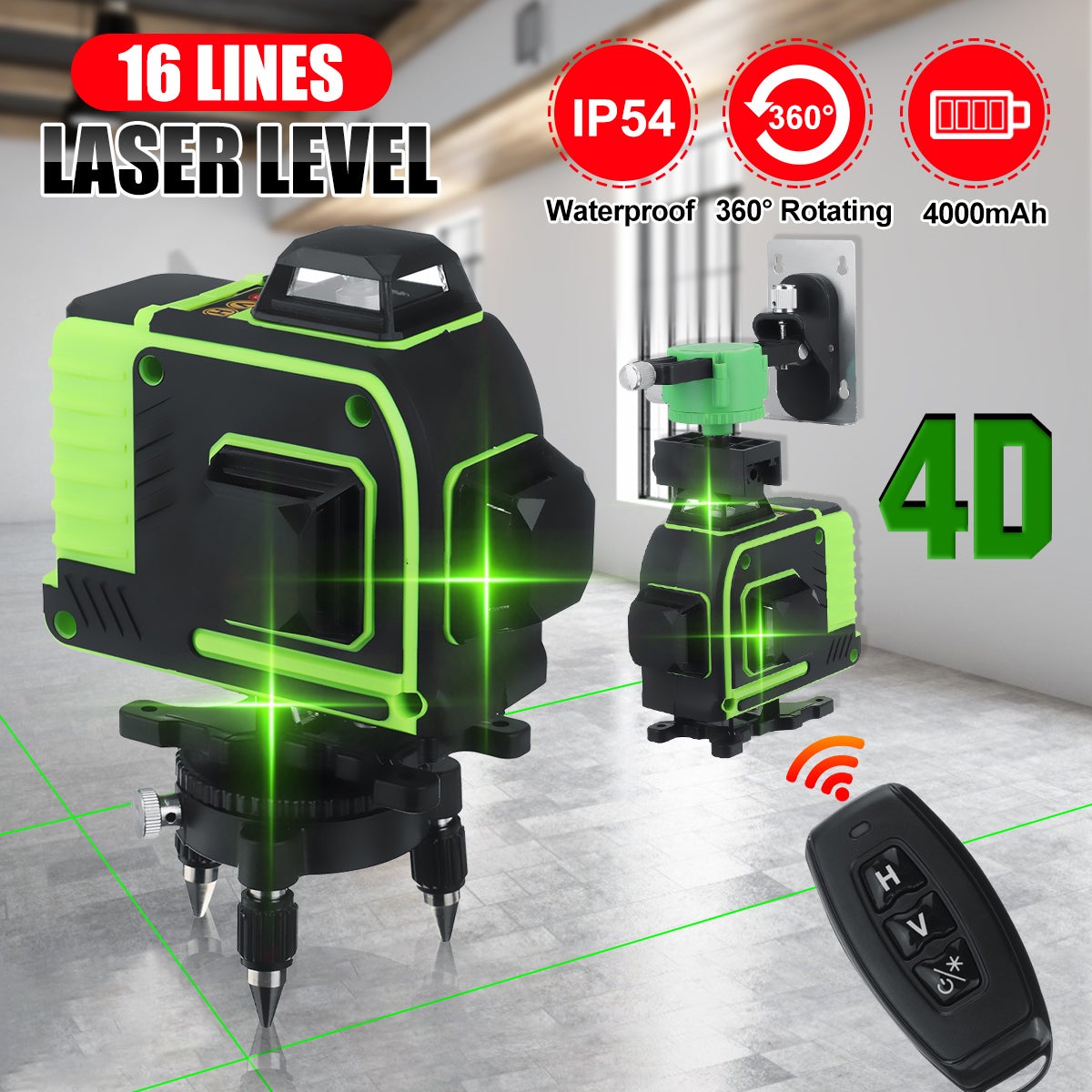 Niveau Laser 4D 360° 16 Lignes Lumière verte, croix horizontale et  verticale, mesure auto-nivelante, 1 Batterie