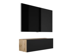 Meuble TV mural et sur pied MORENO 160 noir mat avec porte en chêne