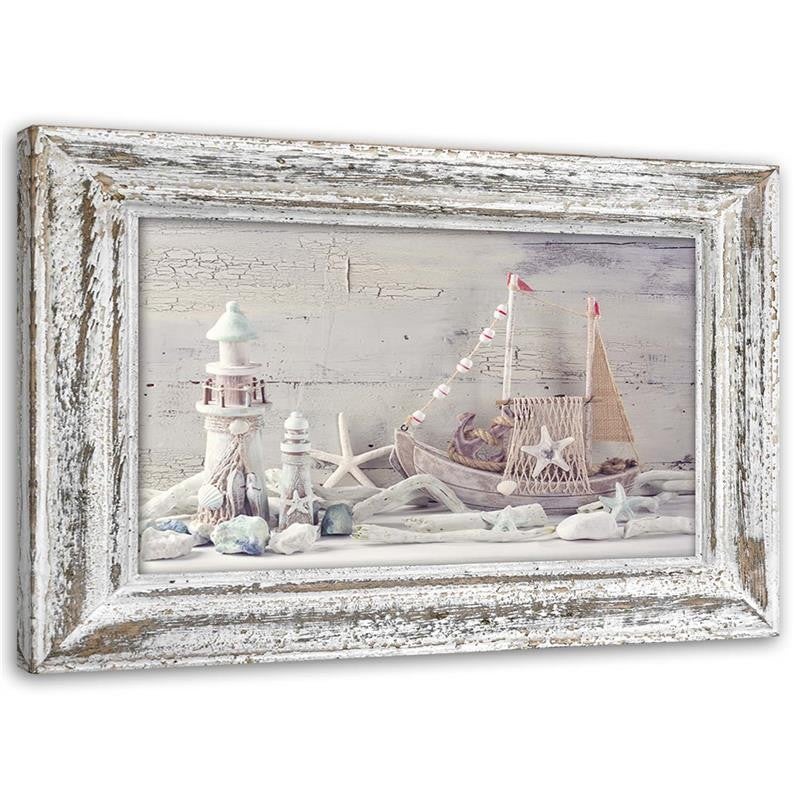 Stampa su tela, Souvenir del mare in cornice shabby chic in legno - 120x80
