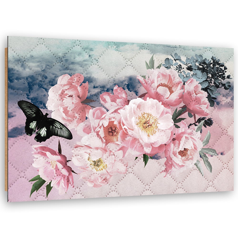 Quadro deco panel, Fiori rosa e una farfalla nera - 120x80