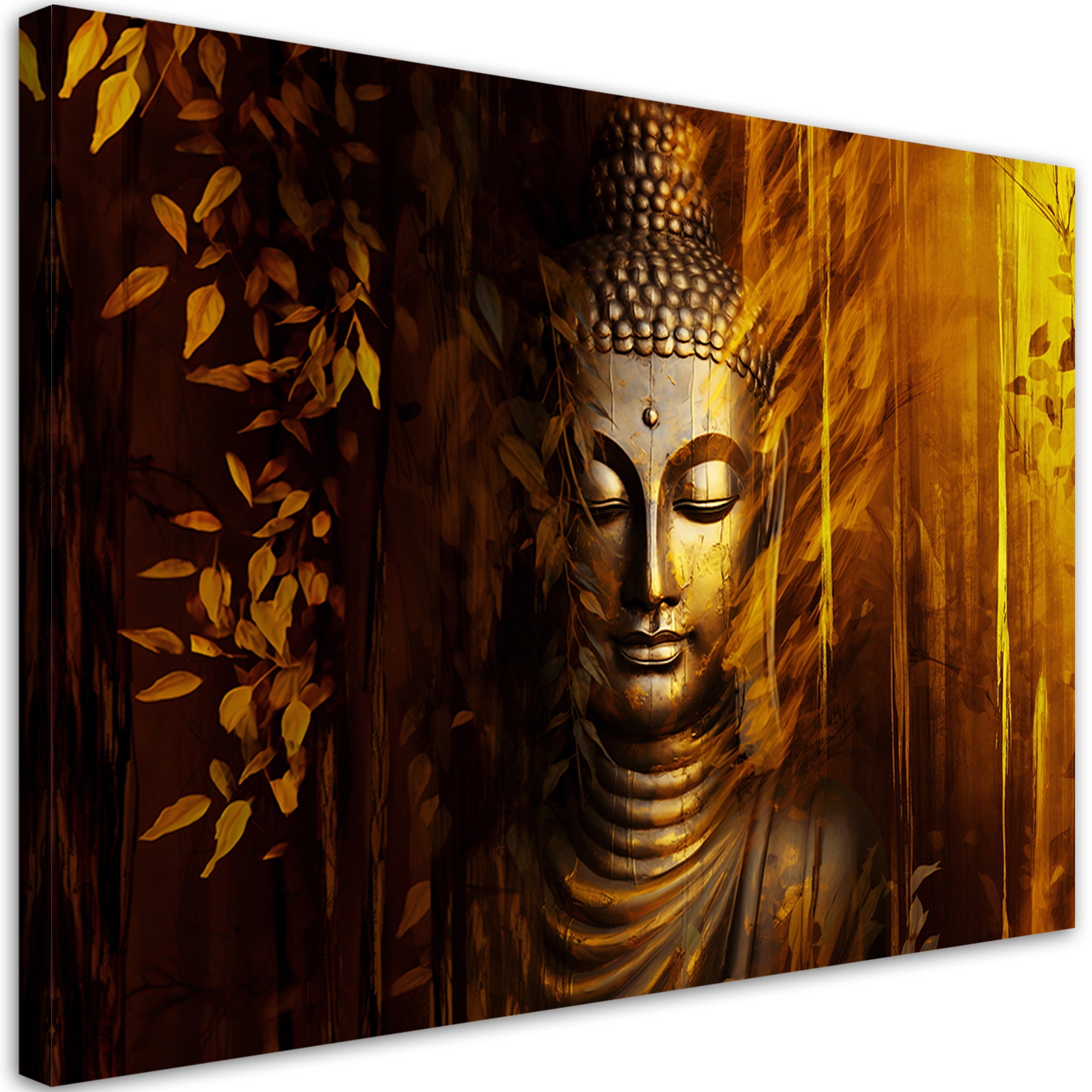 Quadro su tela, Buddha con foglie verdi - 90x60