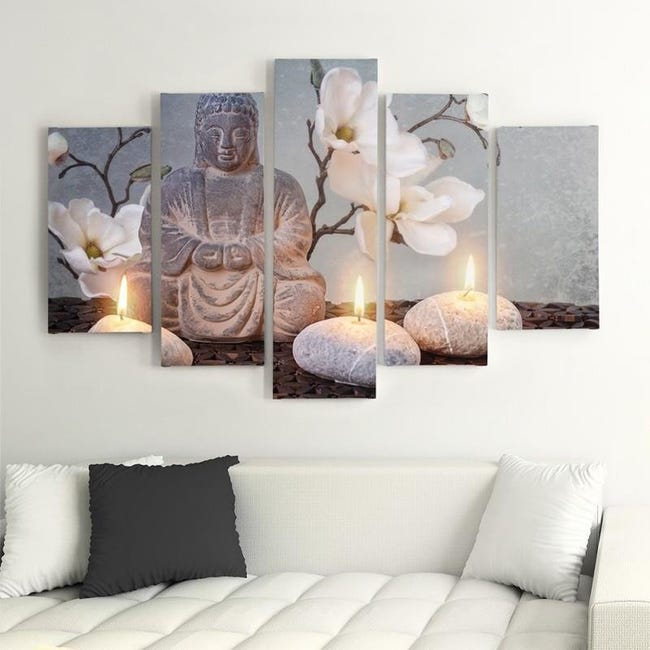 Quadri Quadro 5 pezzi Stampa su tela Pietra di fiori grigi di Buddha -  200x100