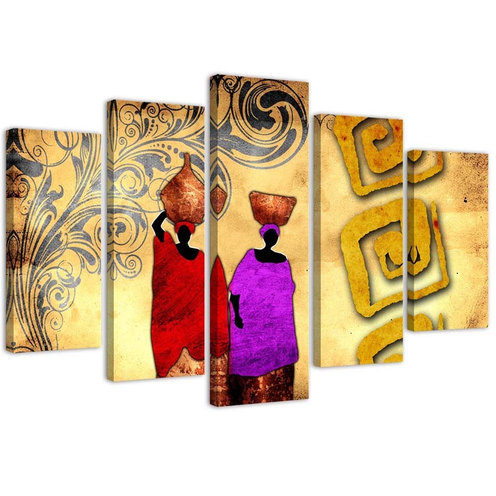 Quadro su tela 5 paneli Dipingere l'Africa Donne colorate - 100x70