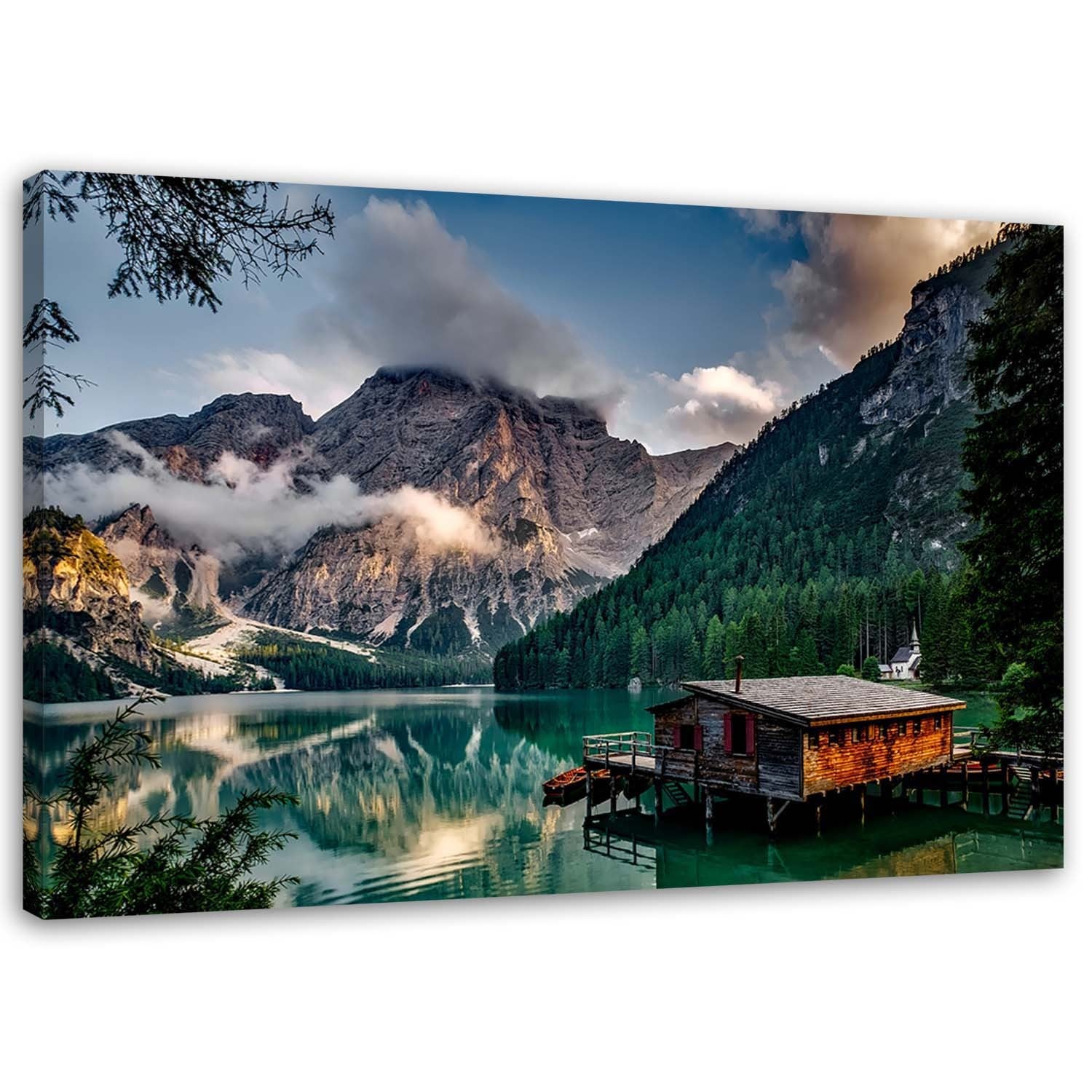 Stampa su tela Capanna al lago di montagna Dolomiti