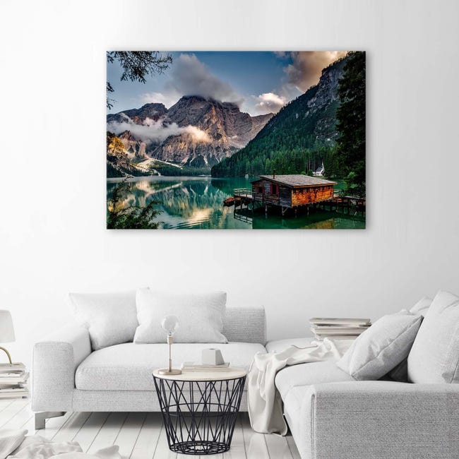 Stampa su tela Capanna al lago di montagna Dolomiti - 120x80
