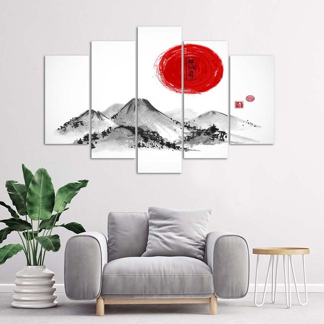 Quadri Quadro 5 pezzi Stampa su tela Giappone Montagne Sole - 100x70