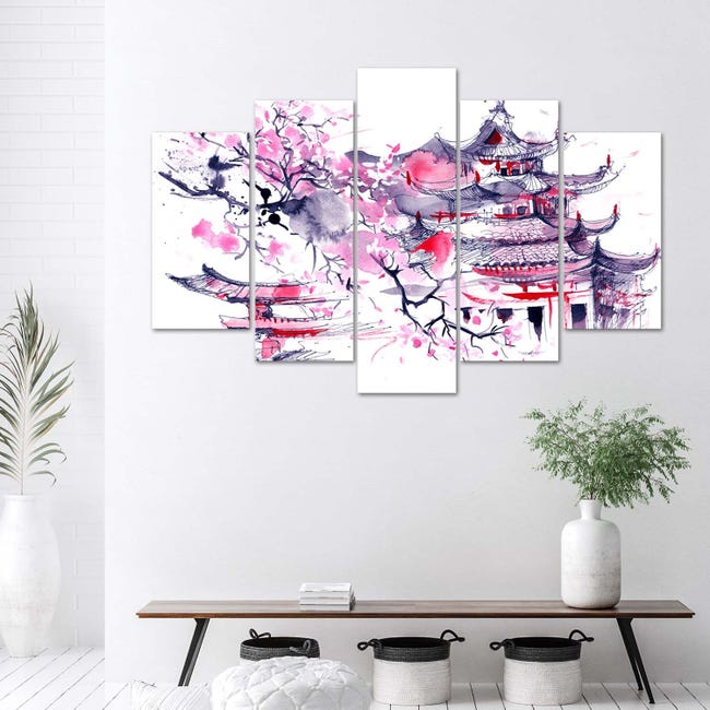 Quadri Quadro 5 pezzi Stampa su tela Paesaggio rosa giapponese - 200x100
