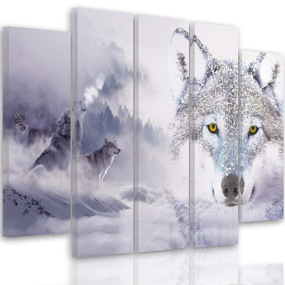 Quadri Quadro 5 pezzi Stampa su tela Wolf Fog Forest Grey - 200x100