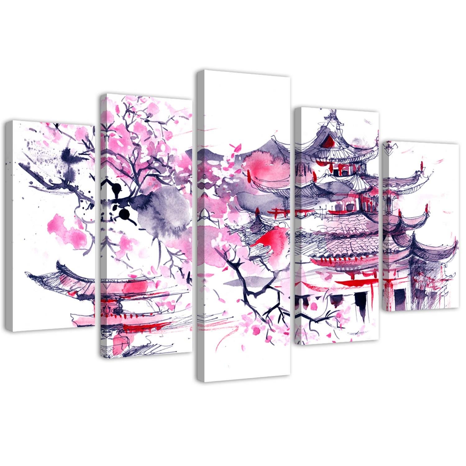 Quadri Quadro 5 pezzi Stampa su tela Paesaggio rosa giapponese - 150x100