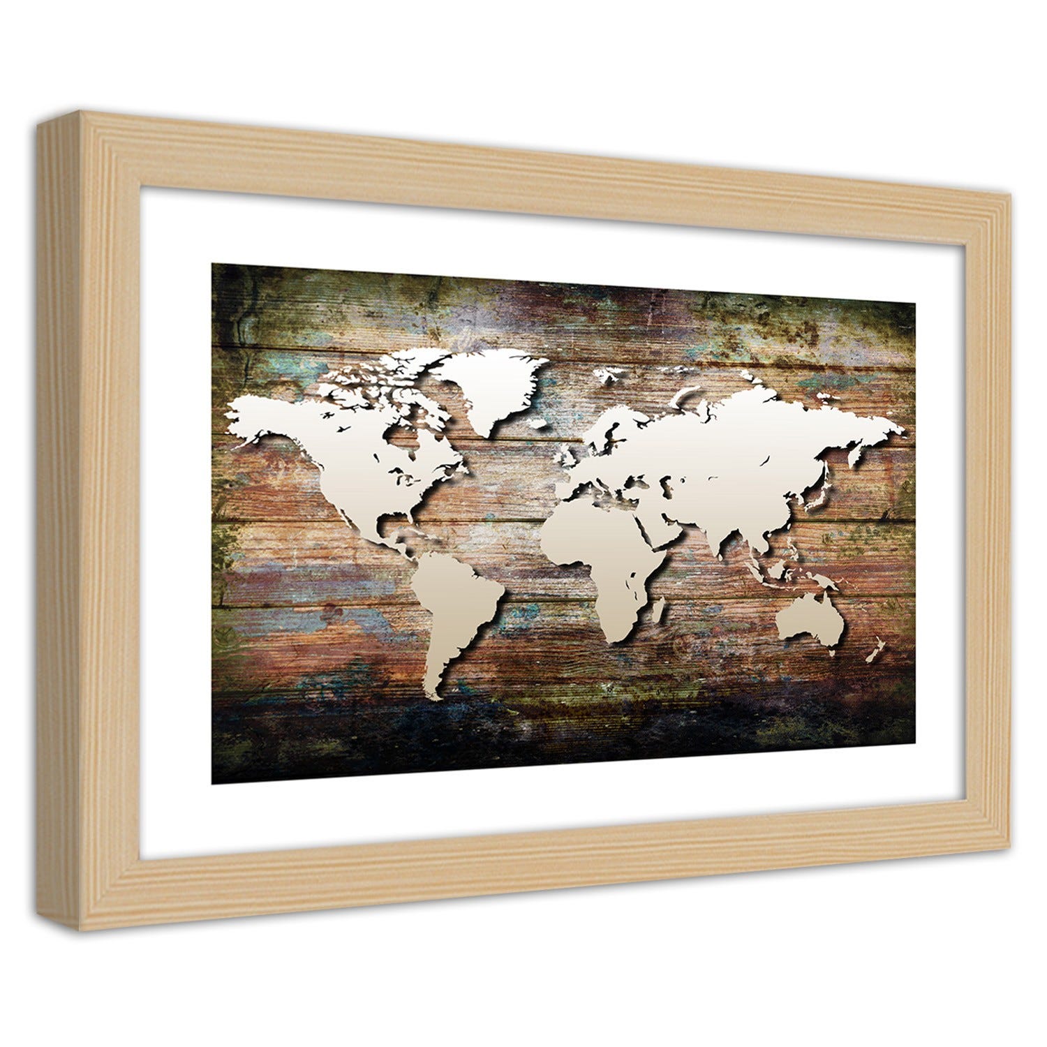 Quadro con cornice, Mappa del mondo su tavole antiche - 90x60