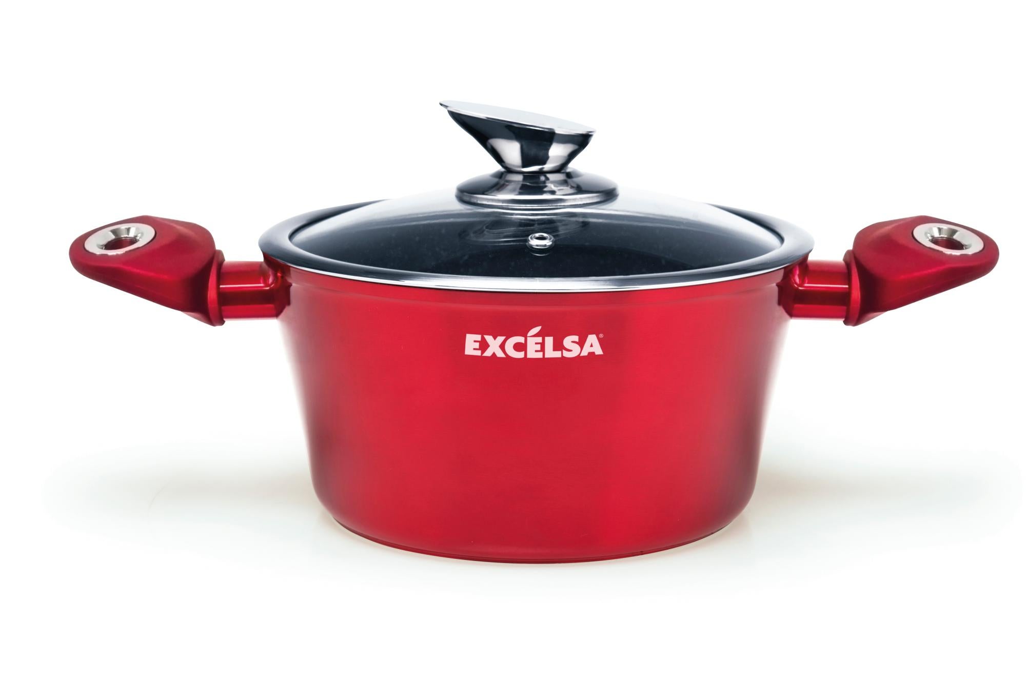 Casseruola Antiaderente Excelsa Phoenix 20 Cm - Alluminio Forgiato, Rivestimento 5 Strati, Coperchio Vetro, Rosso