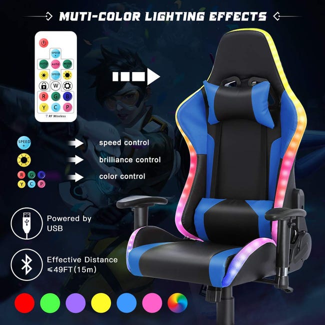 Chaise Gaming avec lumière LED et Bluetooth Fauteuil Gamer avec  haut-parleur Noir et bleu