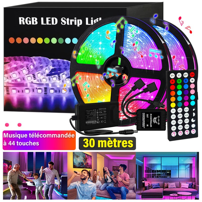 Ruban Led 30M, Bande Led 5050 RGB, Led Ruban Lumineuse Flexible Multicolore  avec Télécommande 44 Touches, Contrôleur de musique RVB (2 X 15M)