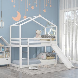Cama infantil Cevedale, Dormitorio completo con armario y cajones,  Composición de litera con dos camas individuales, 271x111h150 cm, Blanco y  Rosa