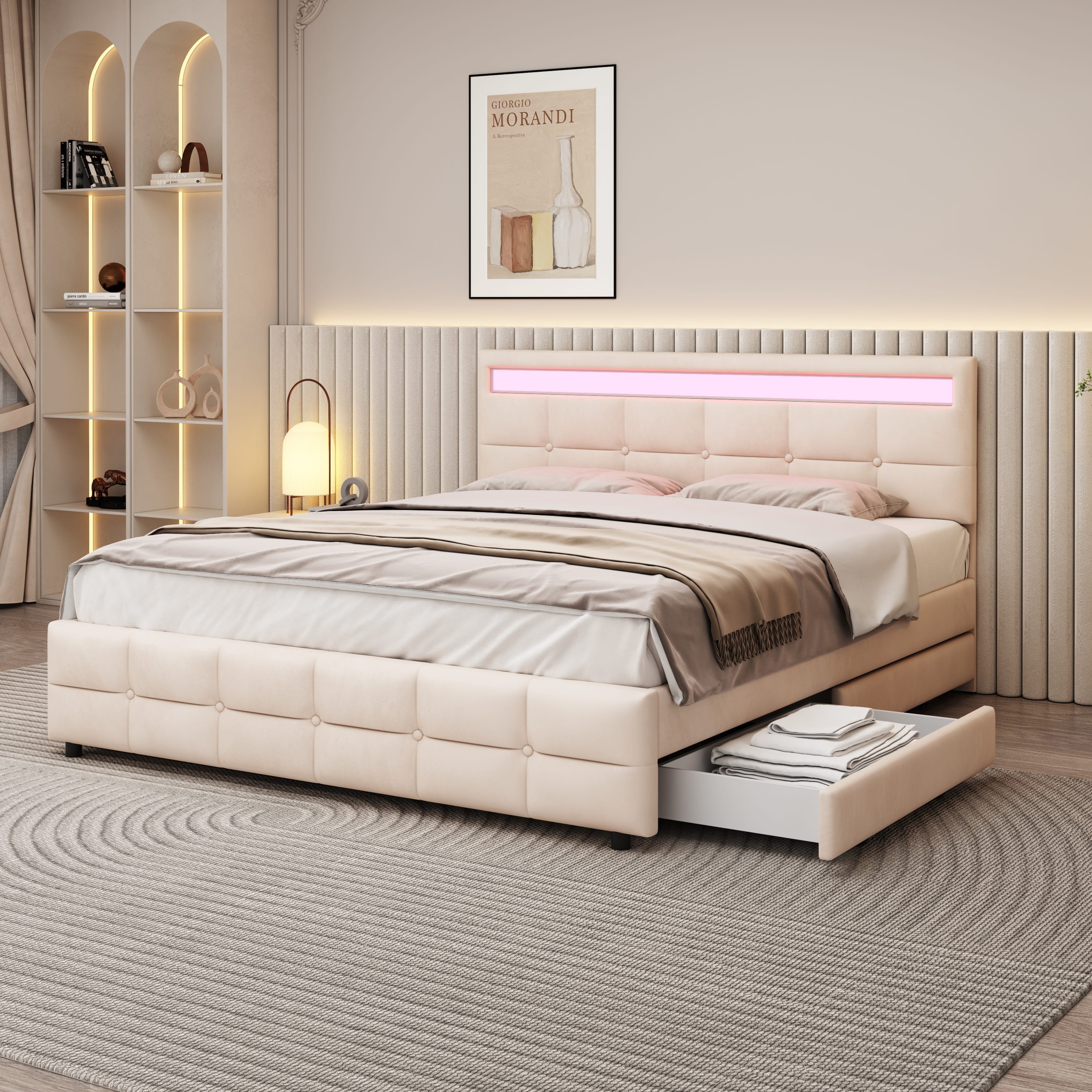 Cama tapizada de 180 x 200 cm, cama doble, estructura de cama LED con 4  cajones, beige