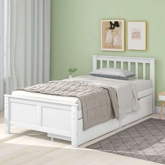 Cama de madera, cama individual, cama juvenil, cama para adultos, con  cajones de almacenamiento, blanco (90x200cm)
