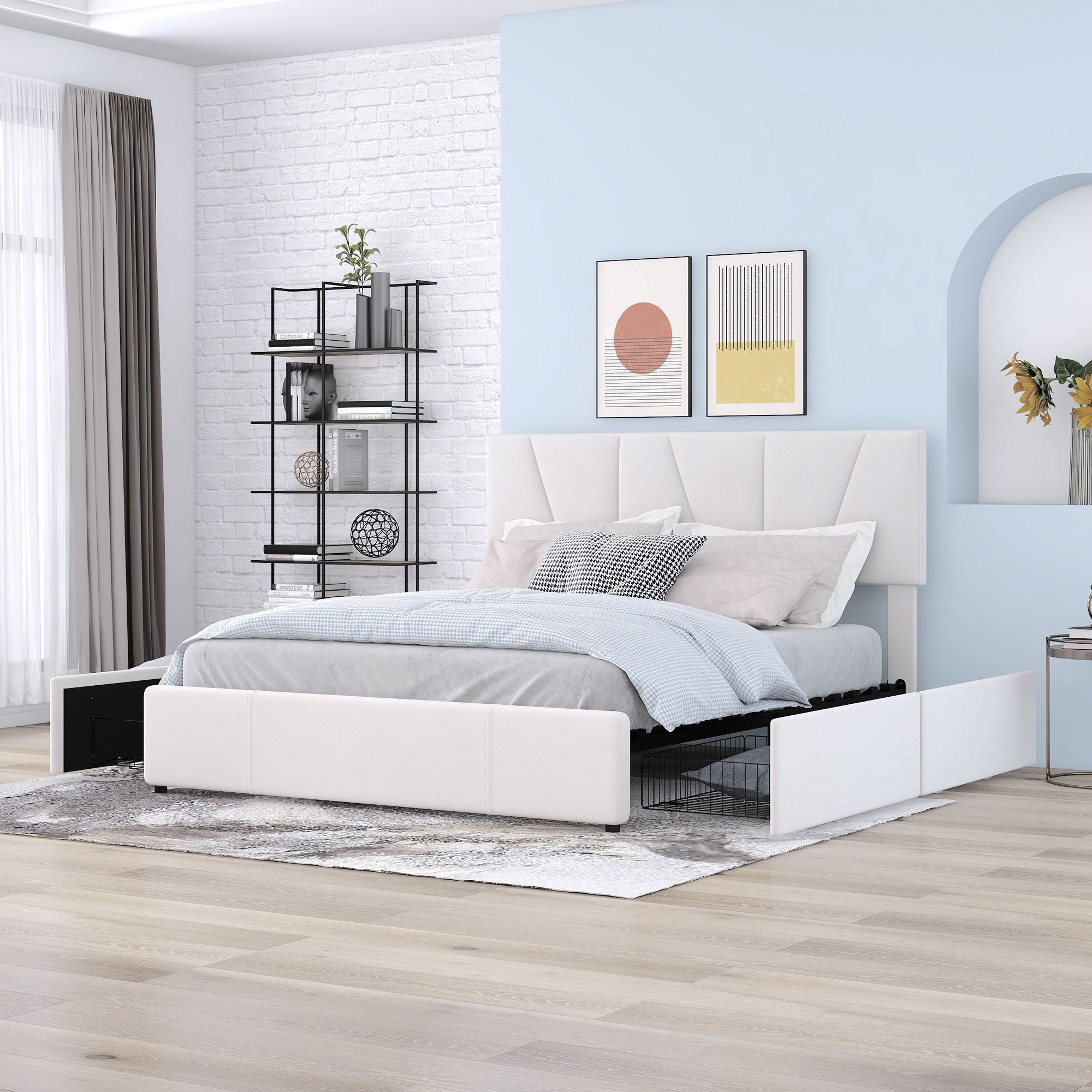 Cama doble plataforma tapizada con cuatro cajones en dos lados, beige (140 x 200 cm)