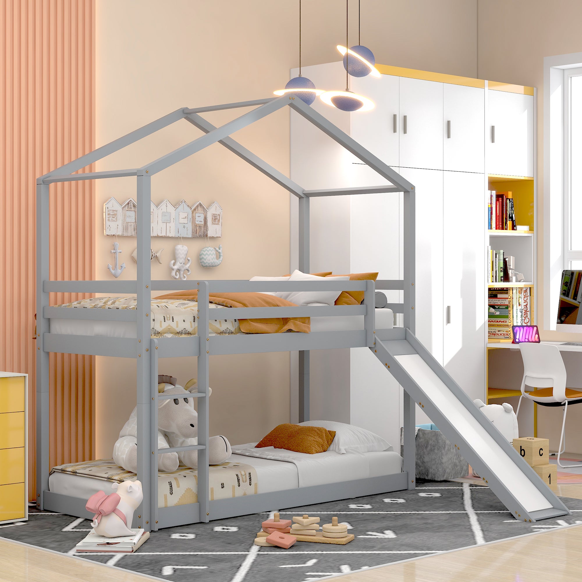 Cama alta individual con escaleras y tobogán, cama baja de madera tamaño  individual con dos cajones, marco de cama individual de madera para niños,  no