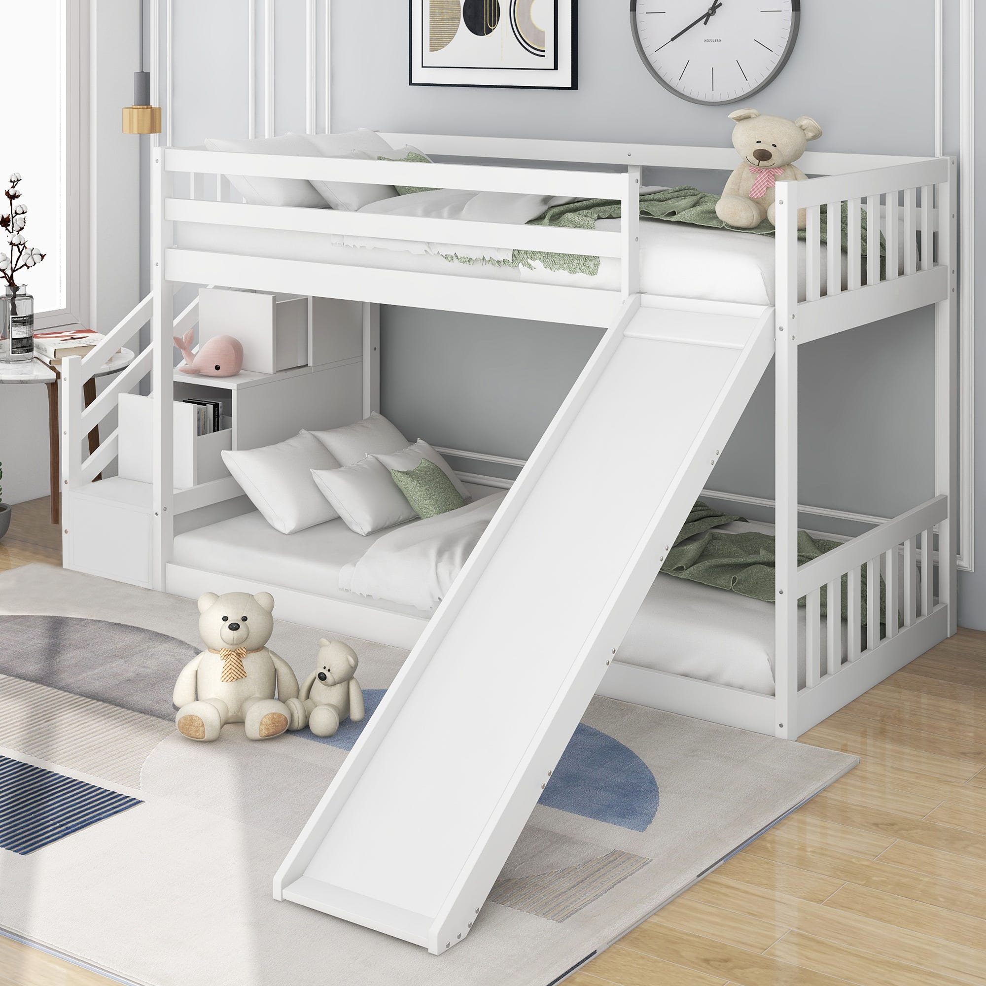 Letto a castello con scale e scivolo, letto per bambini con 2 cassetti  sulle scale, 90x200 cm, bianco