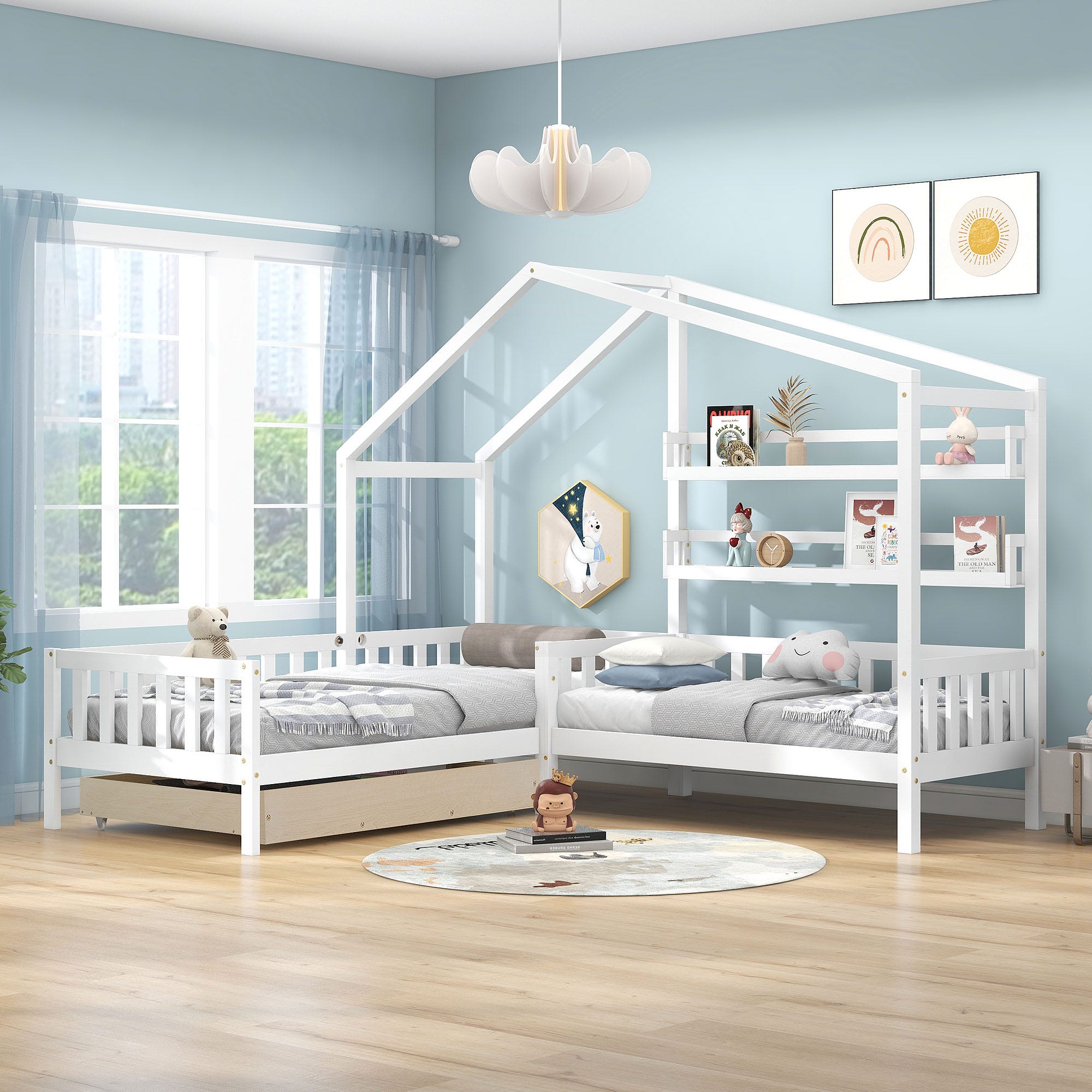 Cama infantil cabina con cajones y estantes, estructura en L, blanco  (90x200 cm + 140x70cm)