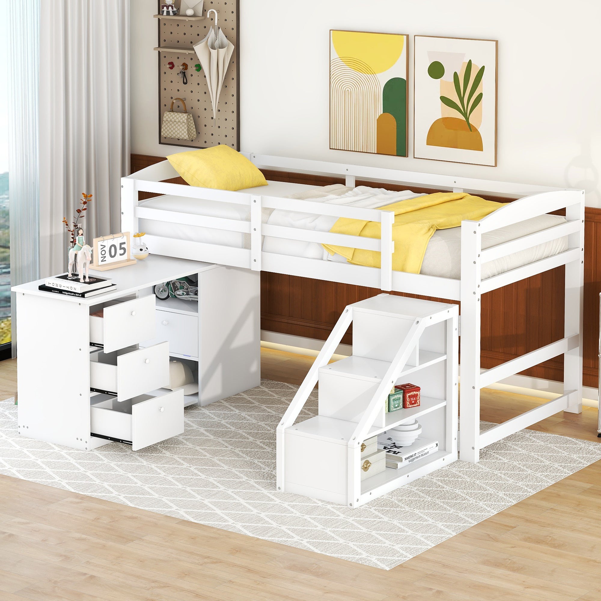 Cama alta con escaleras y escritorio, camas altas individuales con  estantería de almacenamiento y cajones, marco de cama de madera con  estantes de