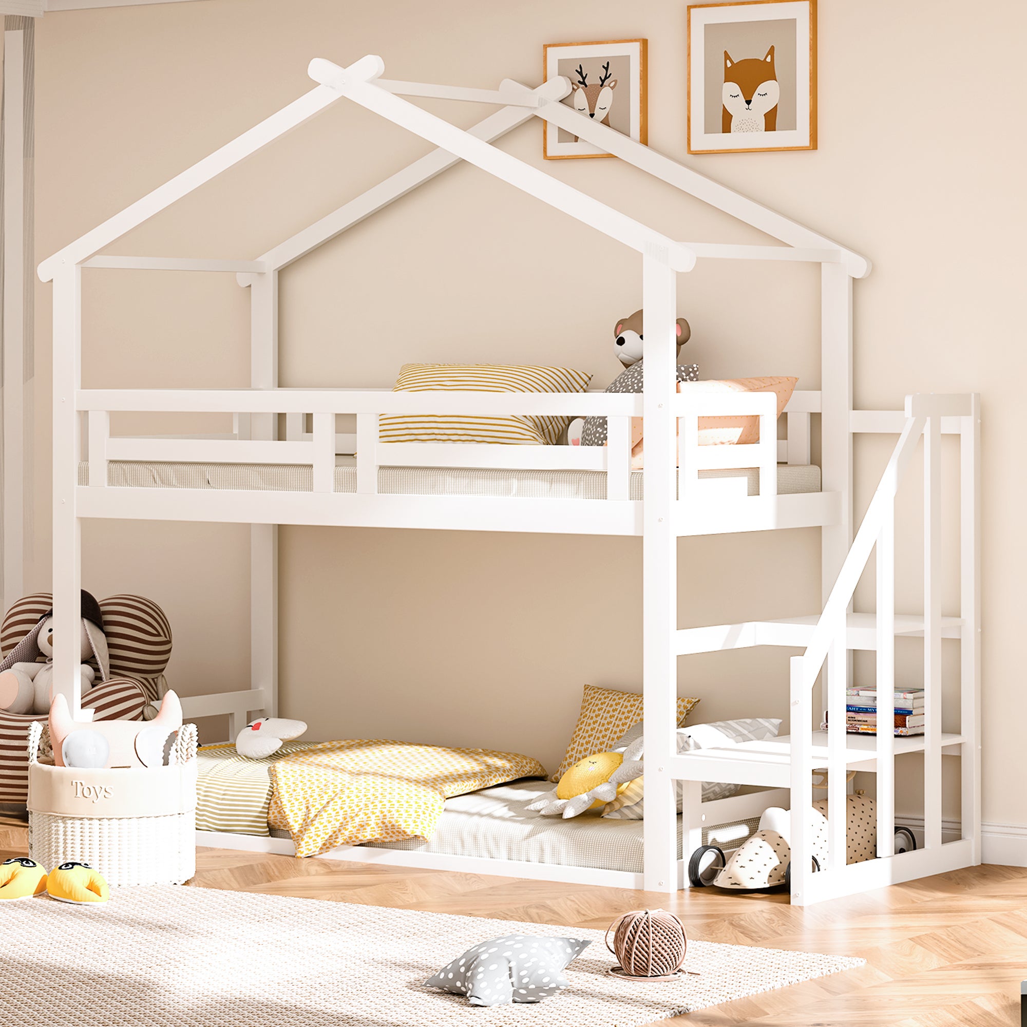 Cama tipo loft con escritorio y escaleras, cama tipo loft de tamaño  individual con escalera de almacenamiento, cama alta de madera con escalón  para