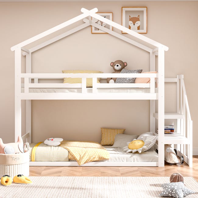 SOFTWEARY Litera con 3 superficies de descanso, somier y escalera, 90 x 200  cm/140 x 200 cm/90 x 190 cm, cama de metal, cama infantil con protección