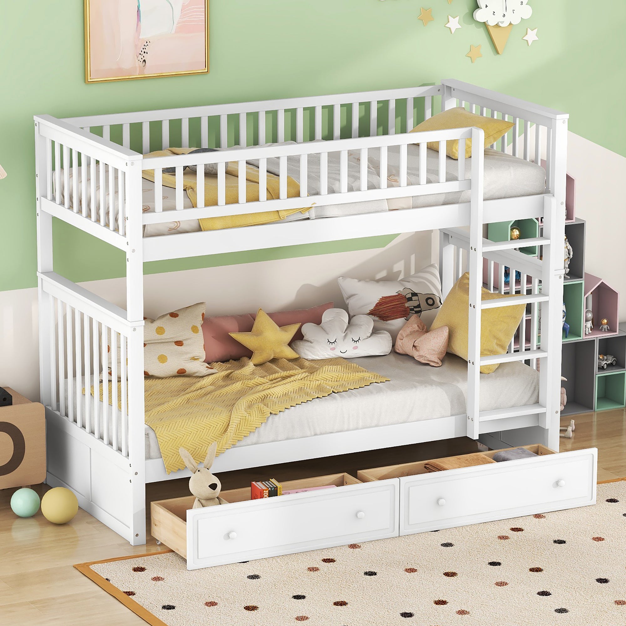 Literas 90x200cm, camas infantiles, literas con cajones, camas convertibles, blanco