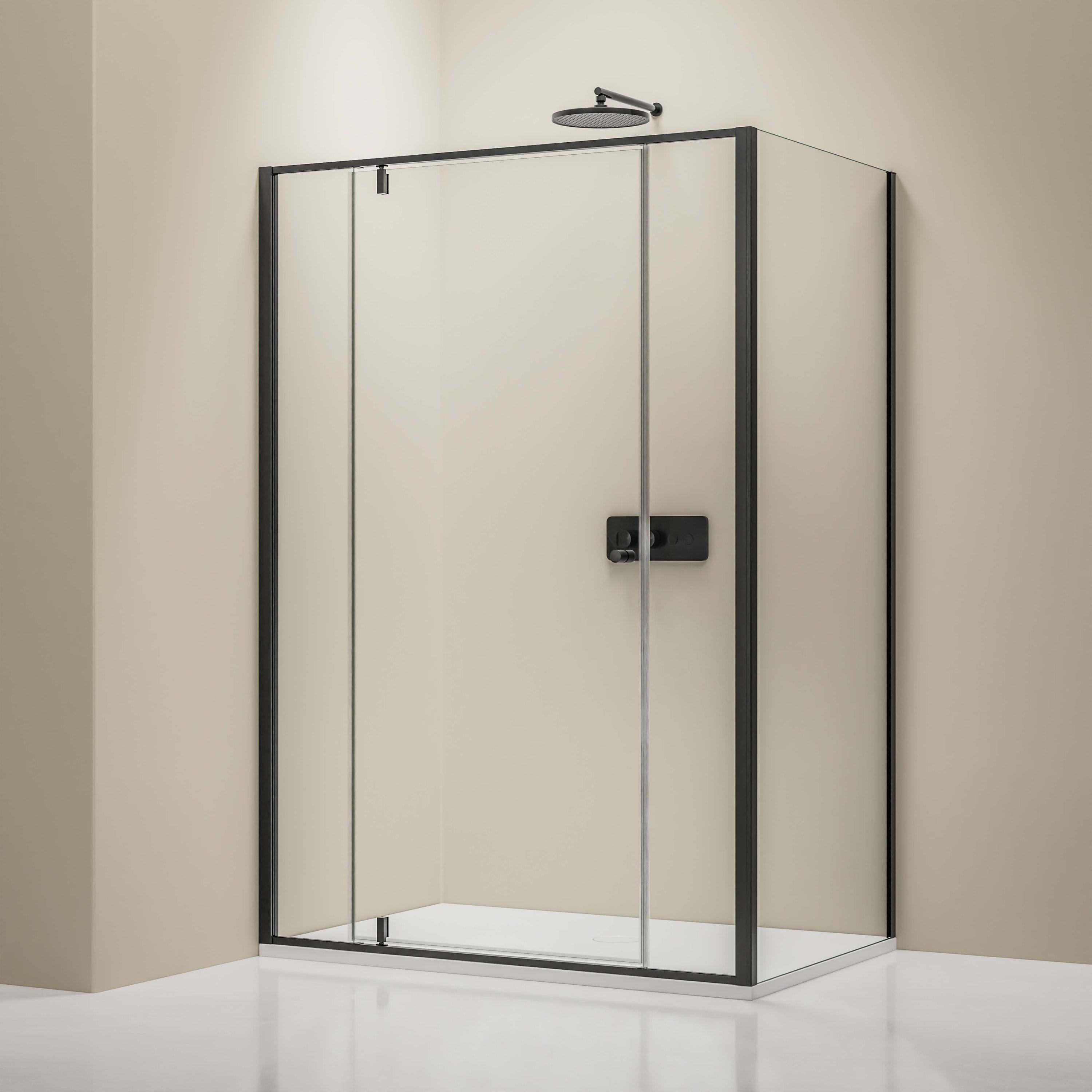 Paroi douche accès angle 2 portes BASIC latéral 90 cm, profilés noirs