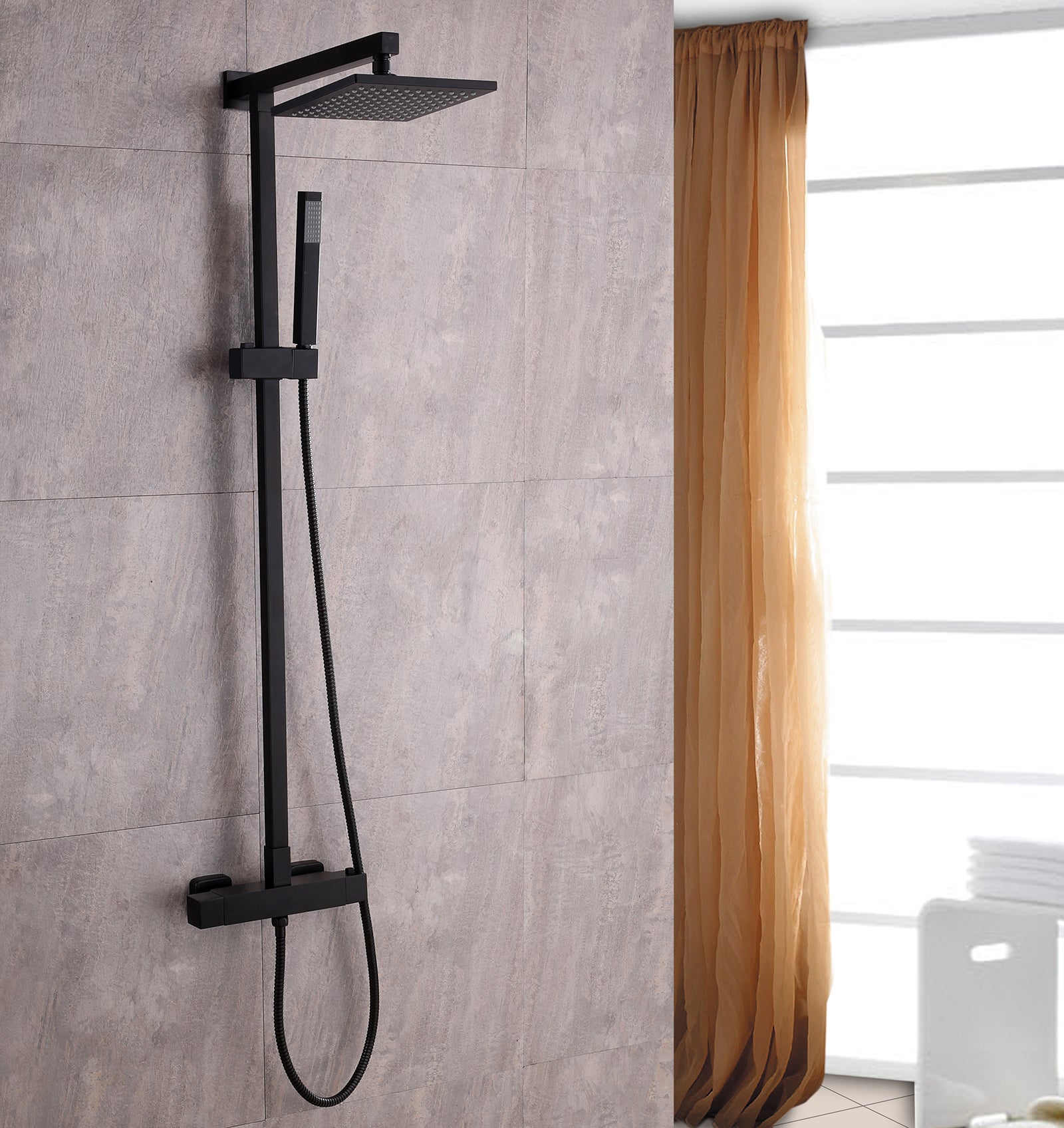Système de douche thermostatique BS371 blanc mat - avec pomme de douche et  douchette à main - design rond ou carré