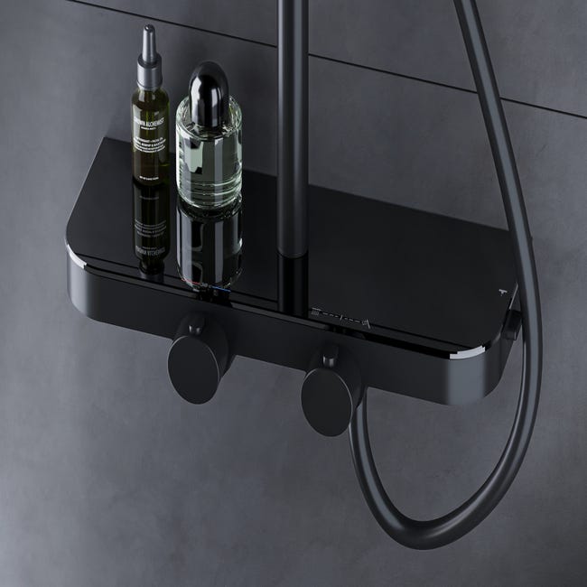 BERNSTEIN - Colonne de douche thermostatique réglable design avec tablette  en acier inox avec mitigeur et pommeau de douche - Noir mat - BS371 - Carré