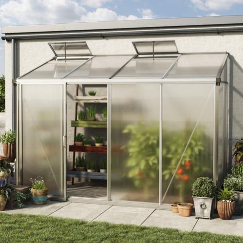 Serre Adossée Eden 24 - 294 X 147 Cm - Panneaux Polycarbonate 10 Mm - Structure Aluminium - Porte Coulissante