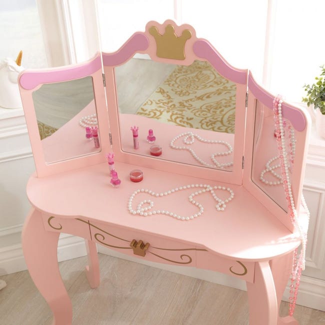 Tavolino da toeletta in legno e sgabello rosa per bambini