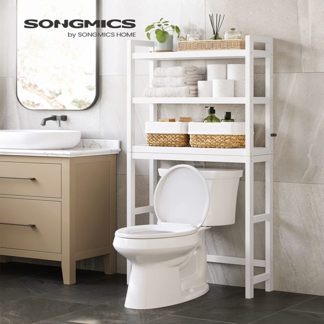 Meuble WC, avec tablettes réglables, Support de Rangement en Bambou à 3  Niveaux, Charge 15 kg/Niveau, Blanc
