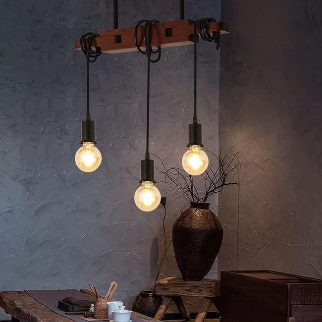 Suspension Luminaire Industrielle, Lampe de Plafond Vintage en bois, E27  Lustre Lumières avec 3 Lampe, Câble Réglable 120CM, pour Cuisine Salle à  Mang