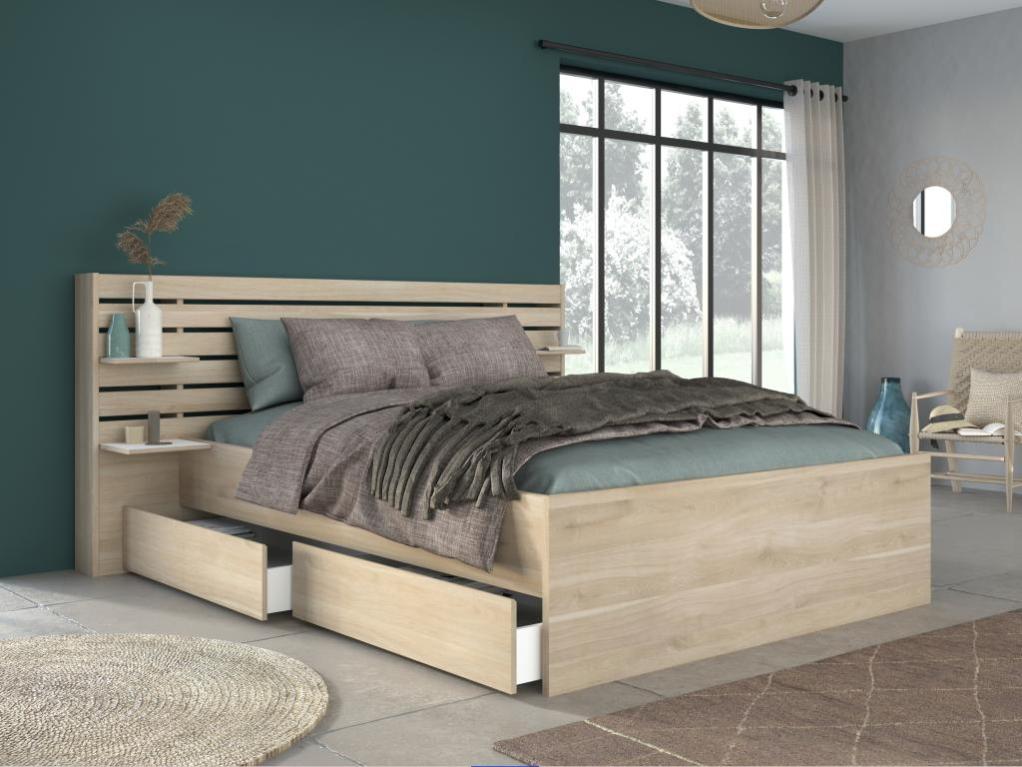 Lit 160 x 200 cm avec rangements - Coloris : Naturel + Sommier