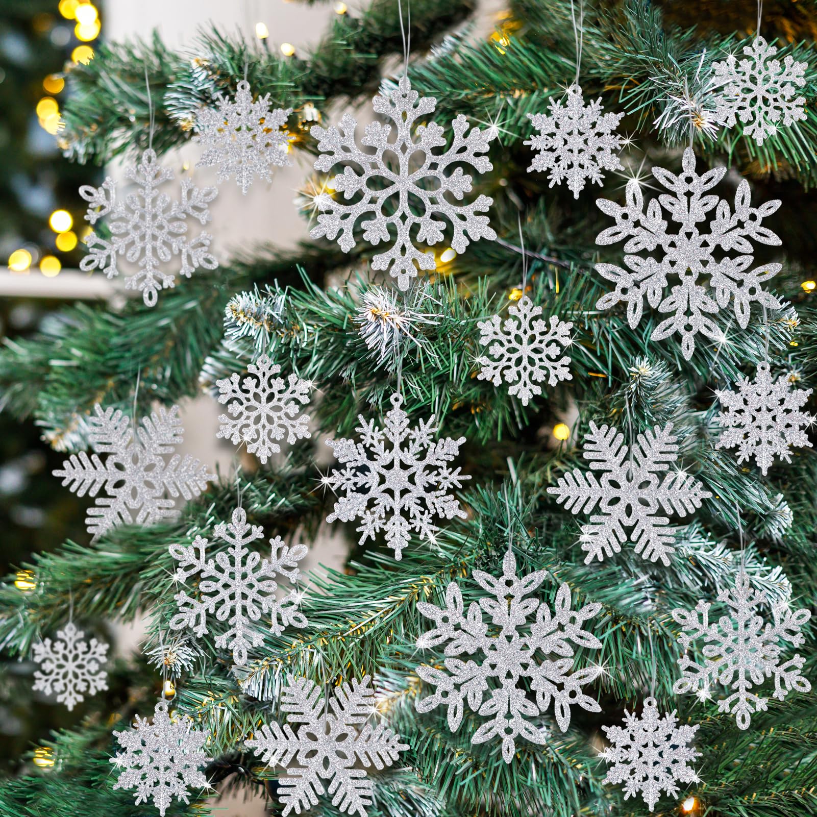 36 ornamenti natalizi in argento con fiocchi di neve, ornamenti