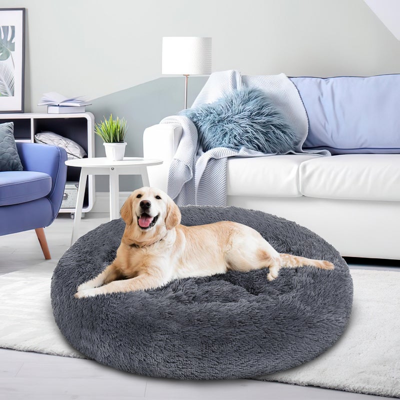 Lavabile Extra Large Rotondo Morbido Cuccia per Cani e Gatti con  Cuscino，Cesto Deluxe per Animali Domestici-100x100cm-Grigio