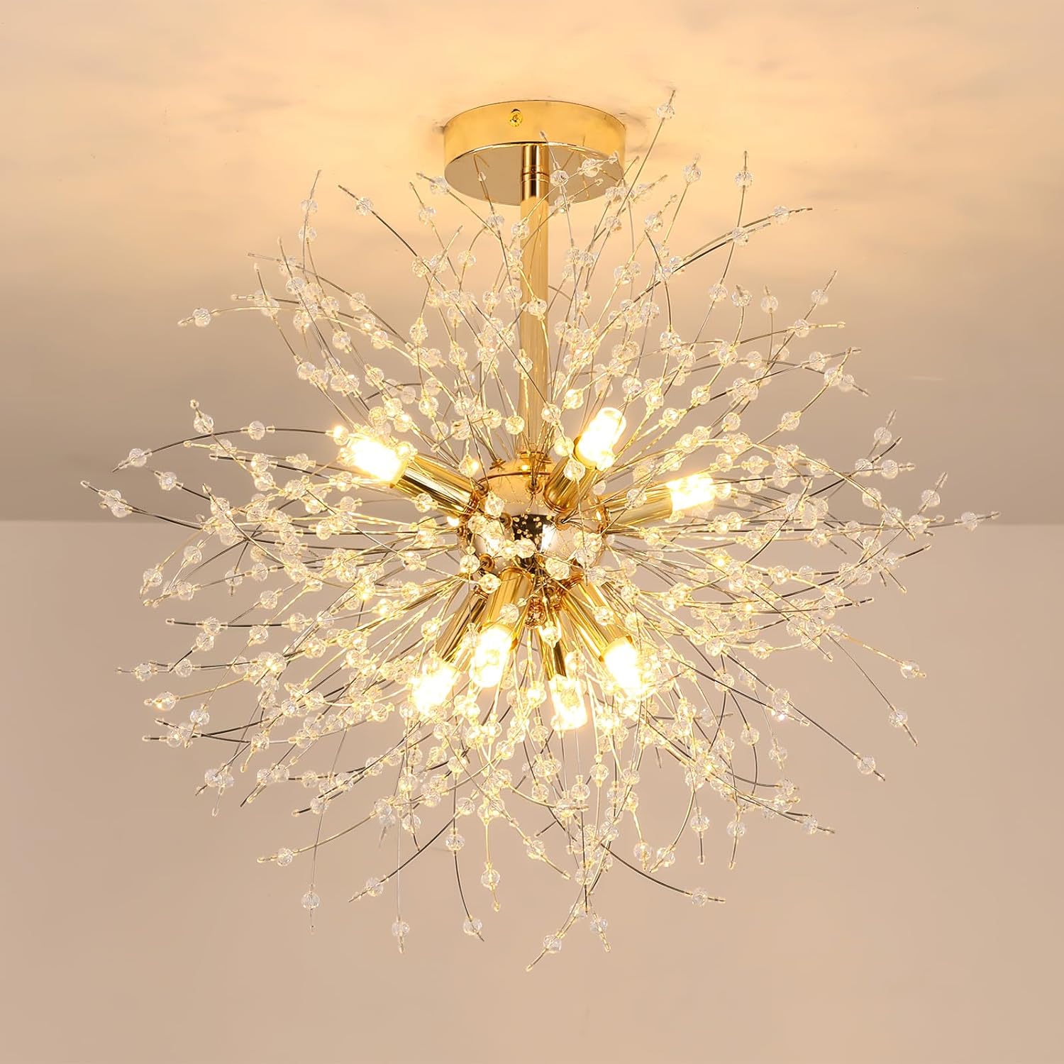 Lampadari di cristallo moderni da soffitto, fuochi d'artificio dorati,  realizzati con cristalli K9, 8 apparecchi di illuminazione G9, lampade  dorate