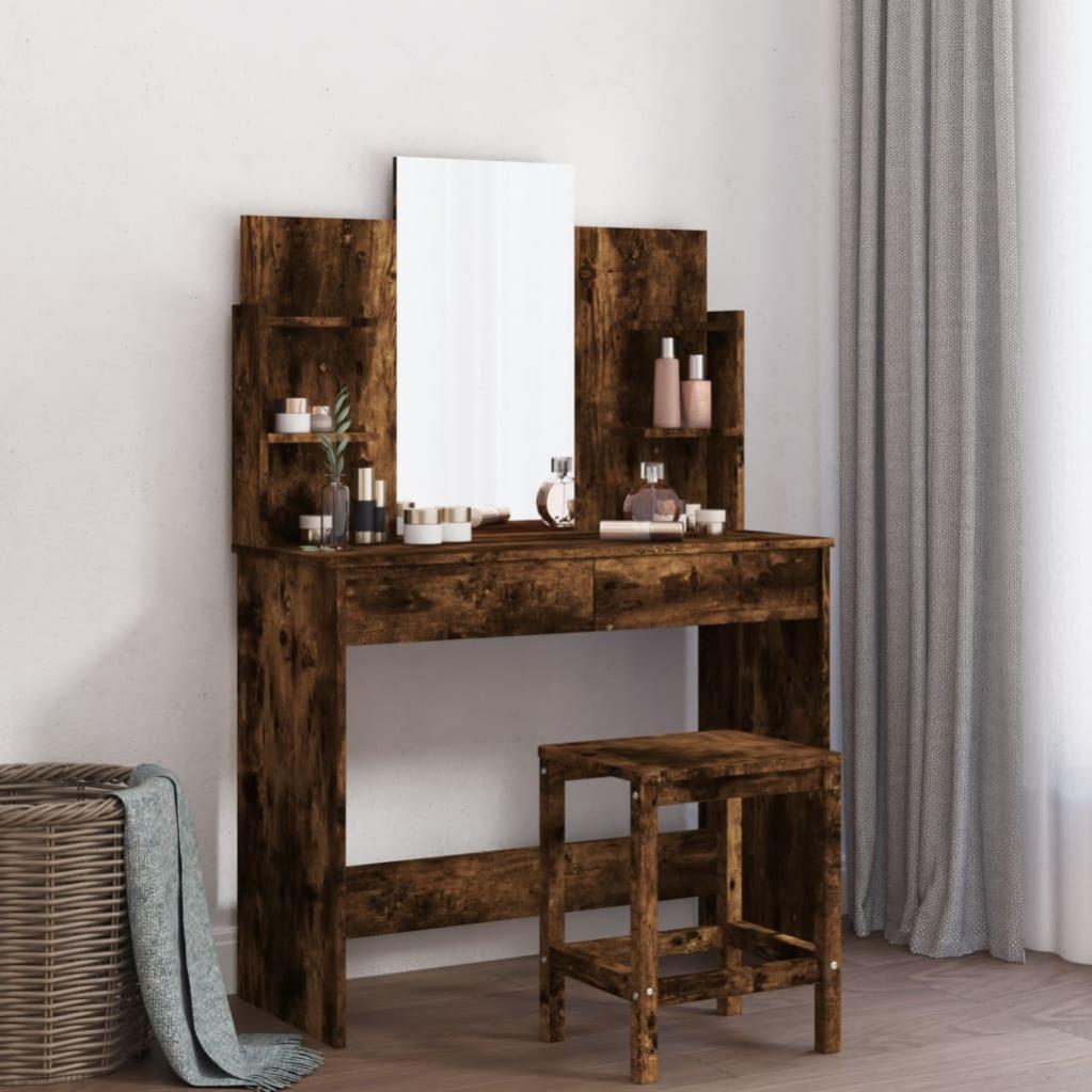 Tocador Colgante Con Espejo Y Luces LED - Mueble De Baño/dormitorio, 6 Compartimentos, Color Negro, 76x55x15 Cm