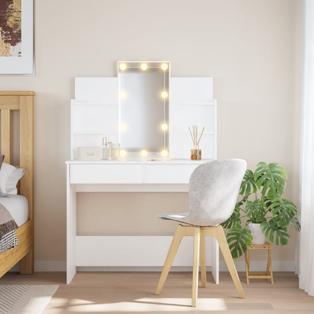 Coiffeuse scandinave 2 tiroirs LIVIA bois et blanc avec miroir LED