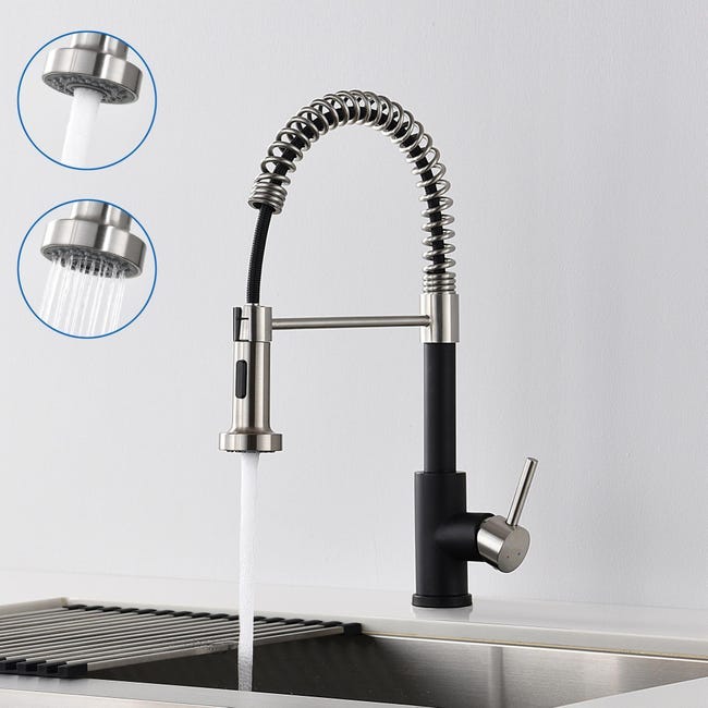 Hiba robinet de cuisine Nickel brossé avec douchette extensible rotatif à 360° - Installations cuisine