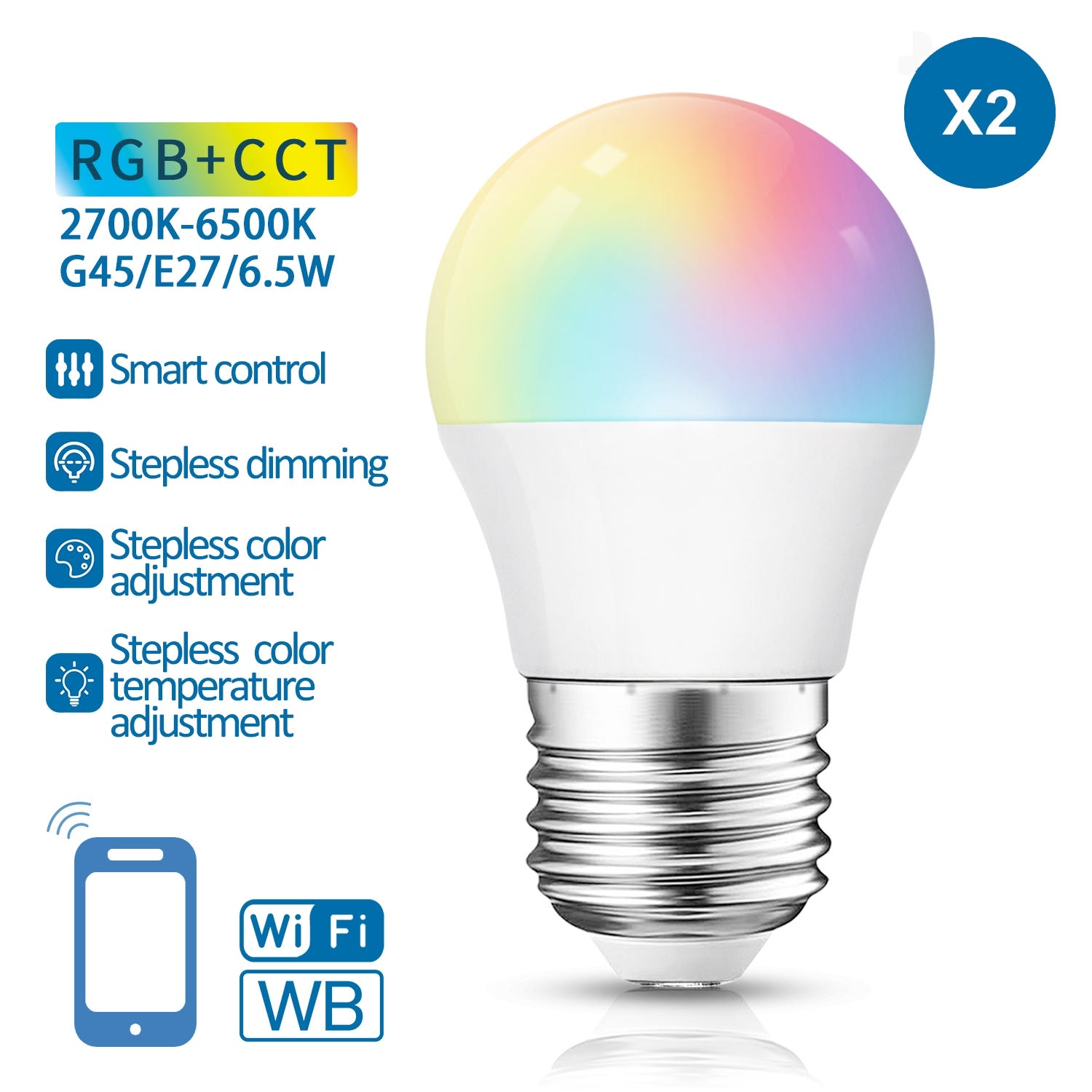 LAMPADINE LAMPADINA LED SMART WIFI E27 6.5W RGB ALEXA GOOGLE HOME 2 PEZZI