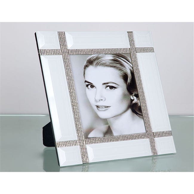 Portafoto de cristal para foto 10*15 en color blanco con detalle de  brillantes lucca