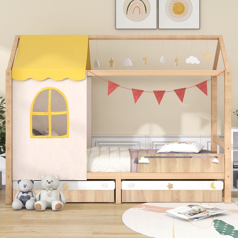 Lit cabane lit d'enfant avec décoration pendentif en forme de nuage et  d'étoile structure en pin bois naturel 90x200 cm