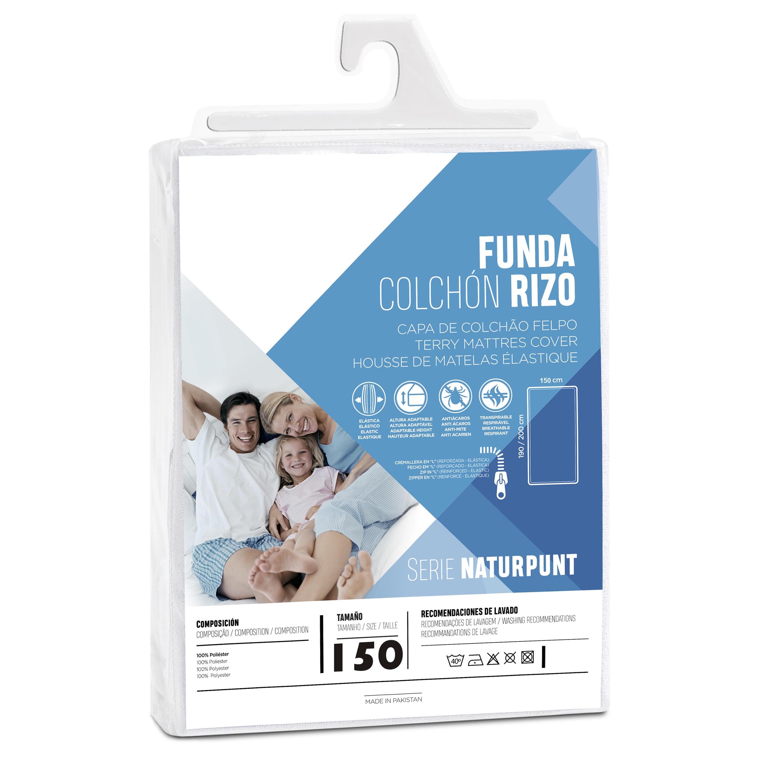 Tienda eurasia - funda de colchon rizo con cremallera, blanco, 100% poliéster, elástica, antiácaros y transpirable, 150x190 cm
