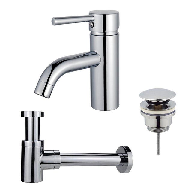 FortiFura Calvi Kit mitigeur lavabo - robinet bas - bonde clic clac -  siphon design - Noir mat - SW377833/SW696199/SW696210 