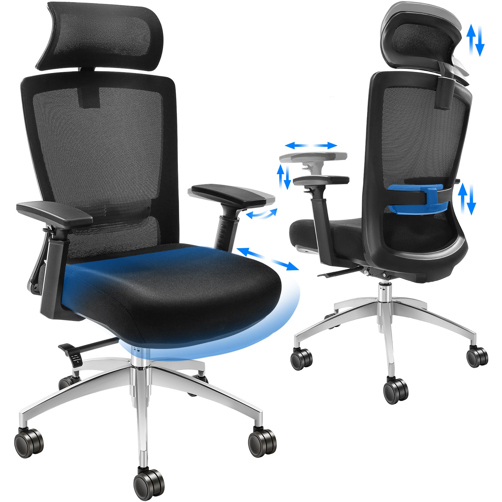 Yaheetech - Chaise de bureau, ergonomique, inclinable, avec appui-tête  réglable et